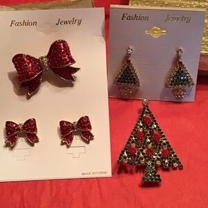Christmas Bundle #2 Red Bow set, Tree Pin & Tree Earrings